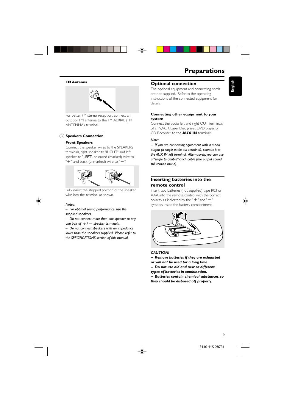 Preparations, Optional connection, Inserting batteries into the remote control | Philips MC-110 User Manual | Page 9 / 22
