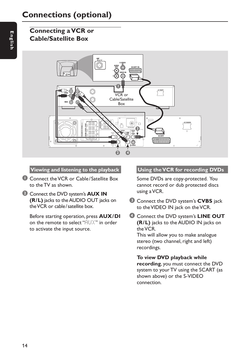 Connections (optional), Connecting a vcr or cable/satellite box, Viewing and listening to the playback | English, Vcr or cable/satellite box, Audio out s-video in video in scart in | Philips MX5800SA/22S User Manual | Page 14 / 47