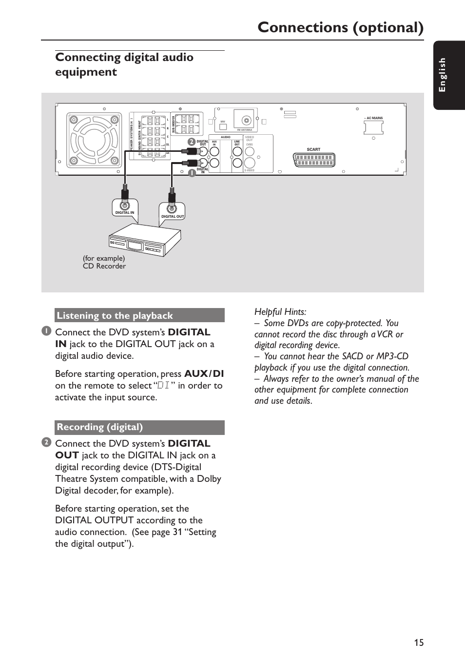 Connections (optional), Connecting digital audio equipment, Listening to the playback | English, For example) cd recorder | Philips MX5800SA/22S User Manual | Page 15 / 47