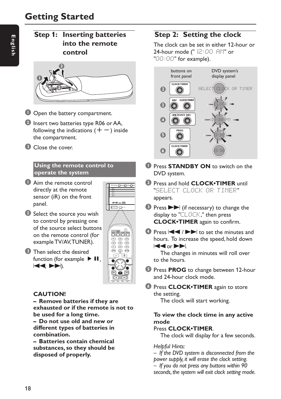Getting started, Step 2: setting the clock, Open the battery compartment | Press standby on to switch on the dvd system, English | Philips MX5800SA/22S User Manual | Page 18 / 47