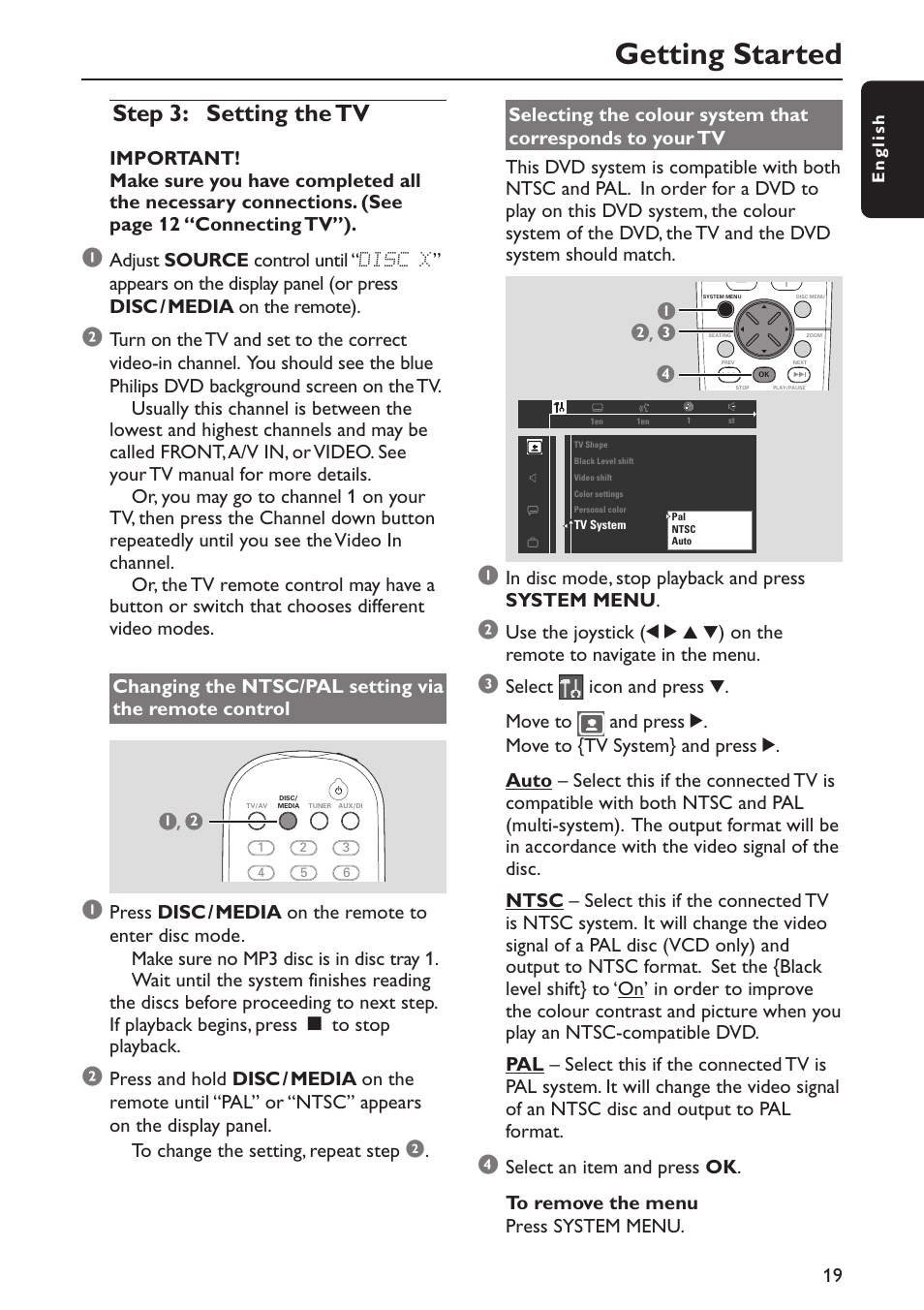 Getting started, Step 3: setting the tv | Philips MX5800SA/22S User Manual | Page 19 / 47