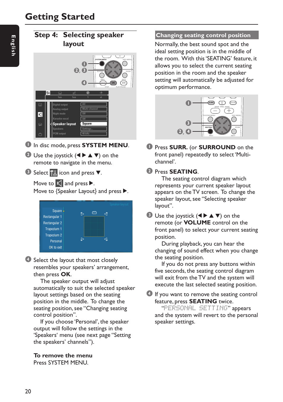 Getting started, Step 4: selecting speaker layout | Philips MX5800SA/22S User Manual | Page 20 / 47