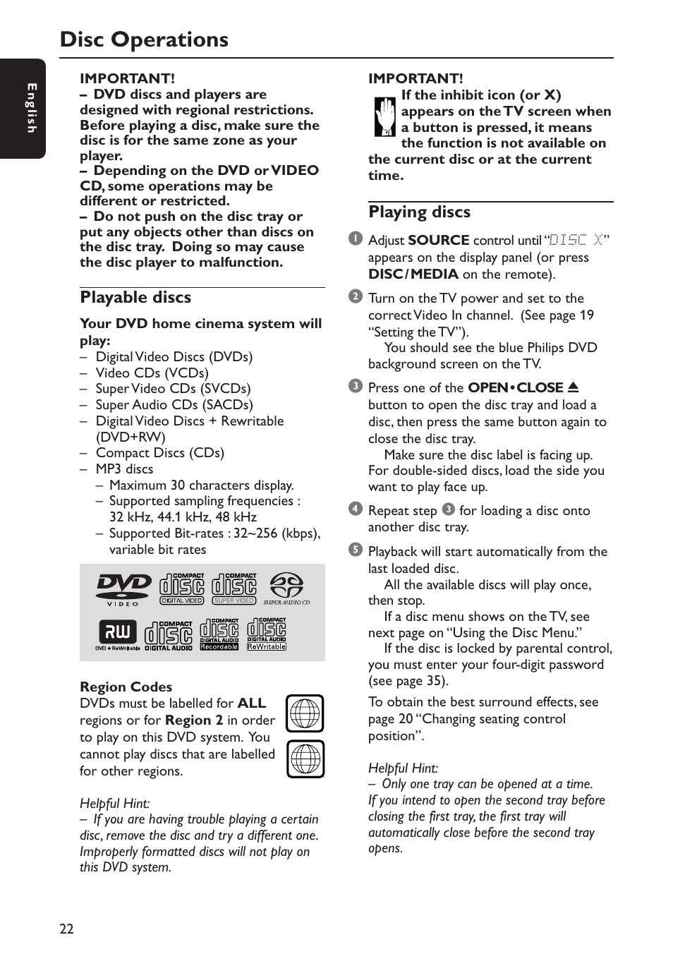 Disc operations, Playable discs, Playing discs 1 | Philips MX5800SA/22S User Manual | Page 22 / 47
