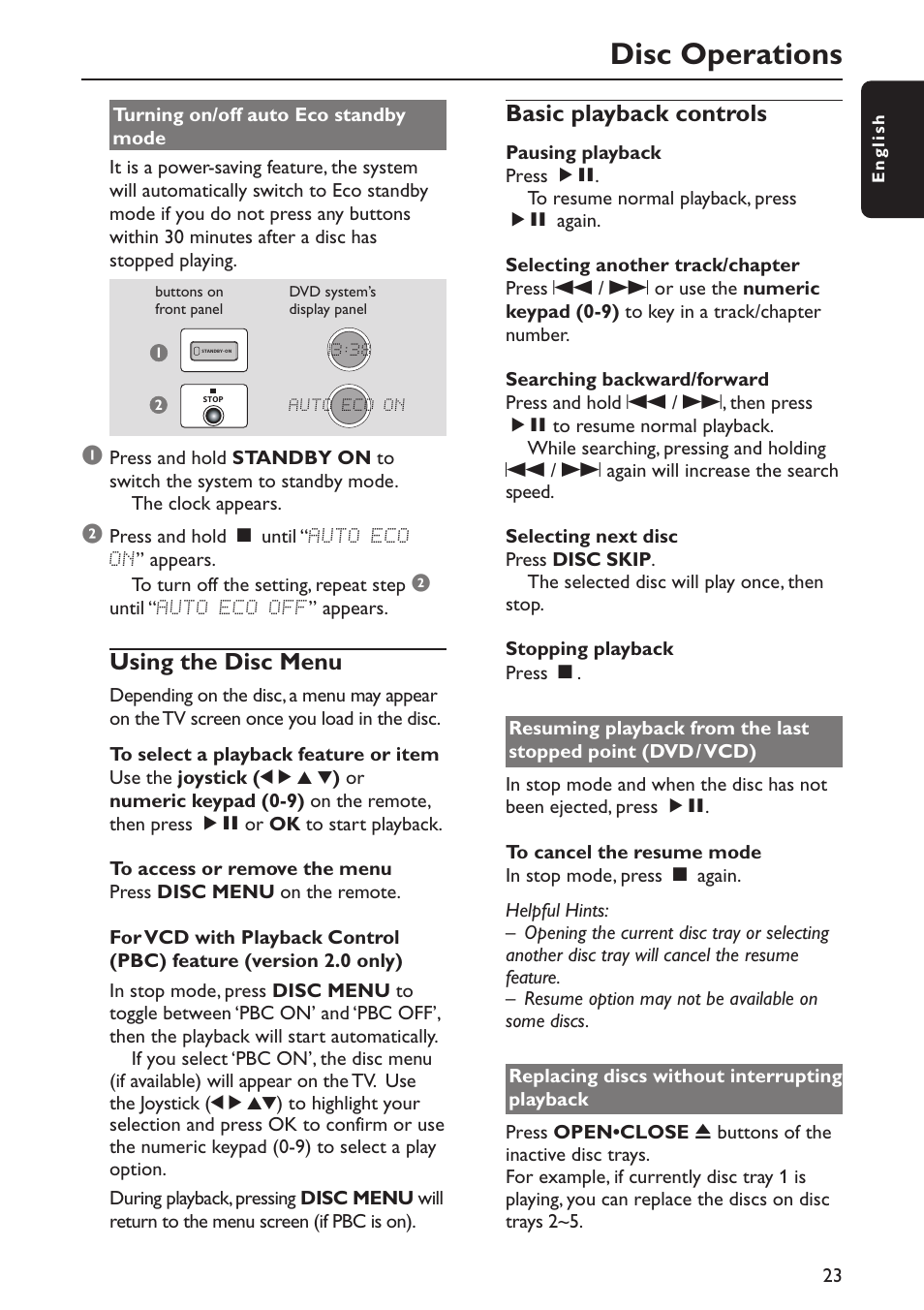 Disc operations, Using the disc menu, Basic playback controls | Philips MX5800SA/22S User Manual | Page 23 / 47