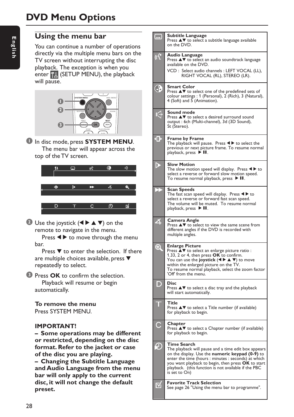 Dvd menu options, Using the menu bar | Philips MX5800SA/22S User Manual | Page 28 / 47