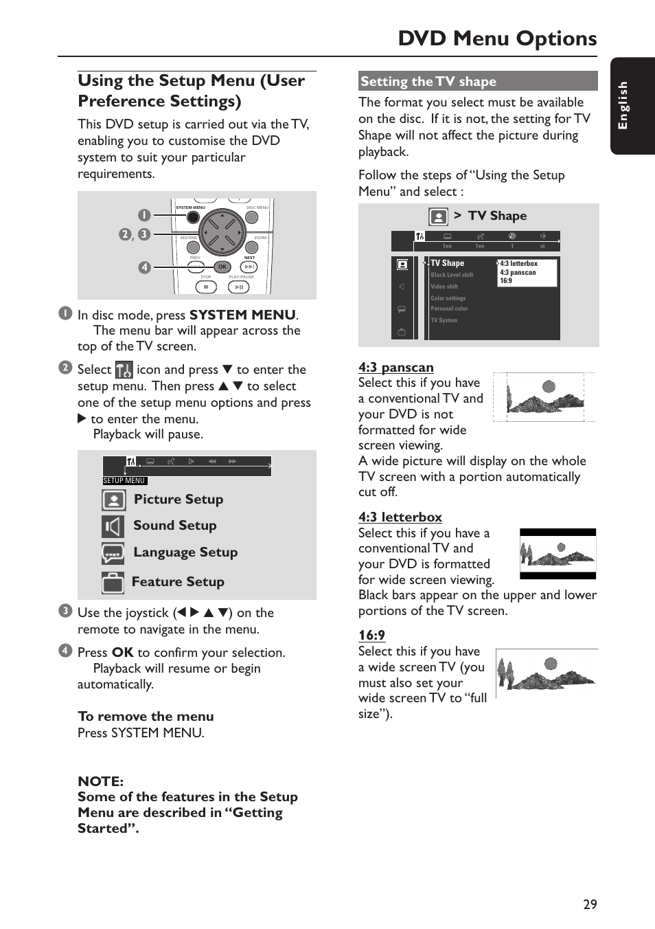 Dvd menu options, Using the setup menu (user preference settings), Picture setup | Sound setup, Language setup feature setup | Philips MX5800SA/22S User Manual | Page 29 / 47