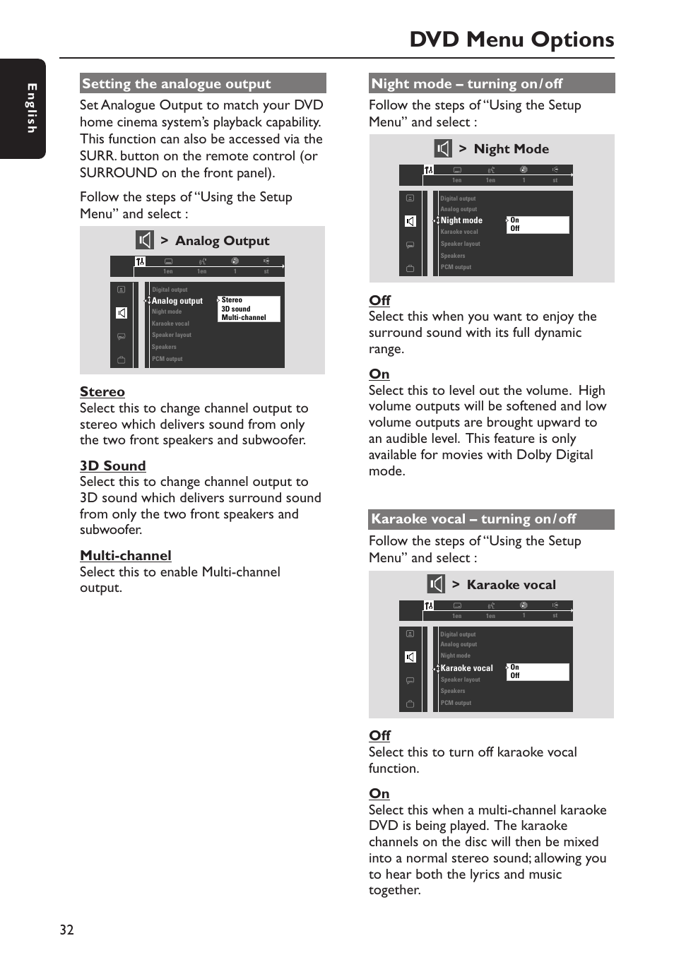 Dvd menu options, Analog output, Night mode | Karaoke vocal, English | Philips MX5800SA/22S User Manual | Page 32 / 47
