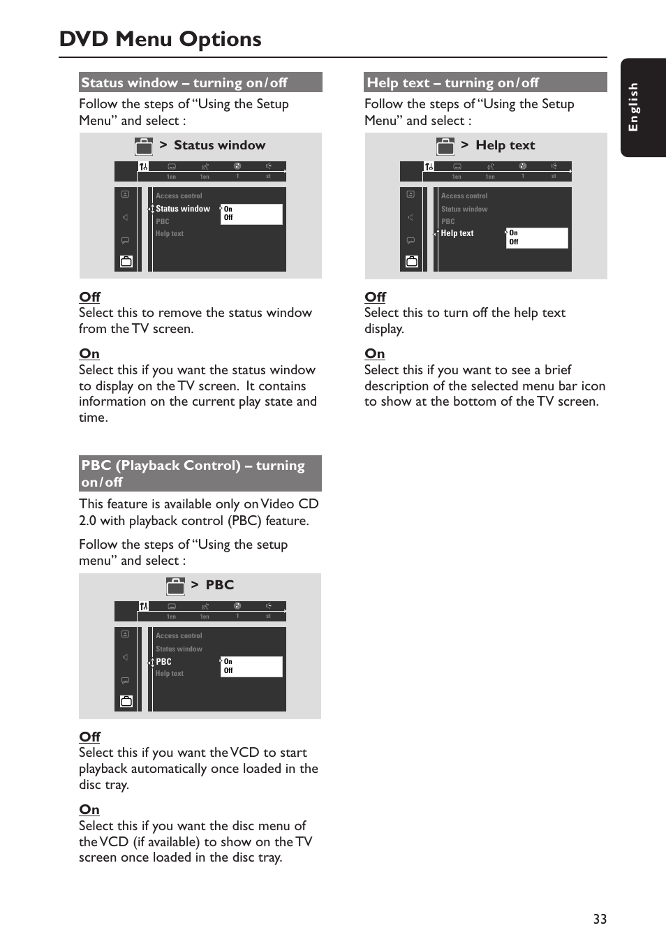 Dvd menu options, Status window, Help text | English | Philips MX5800SA/22S User Manual | Page 33 / 47