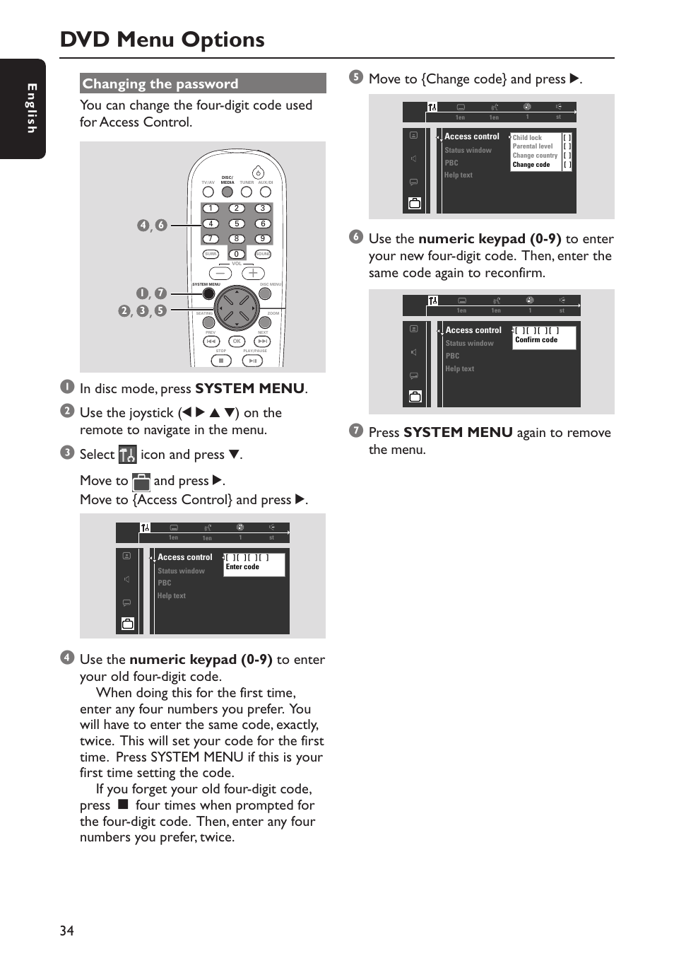 Dvd menu options, Move to {change code} and press 2, Press system menu again to remove the menu | English | Philips MX5800SA/22S User Manual | Page 34 / 47