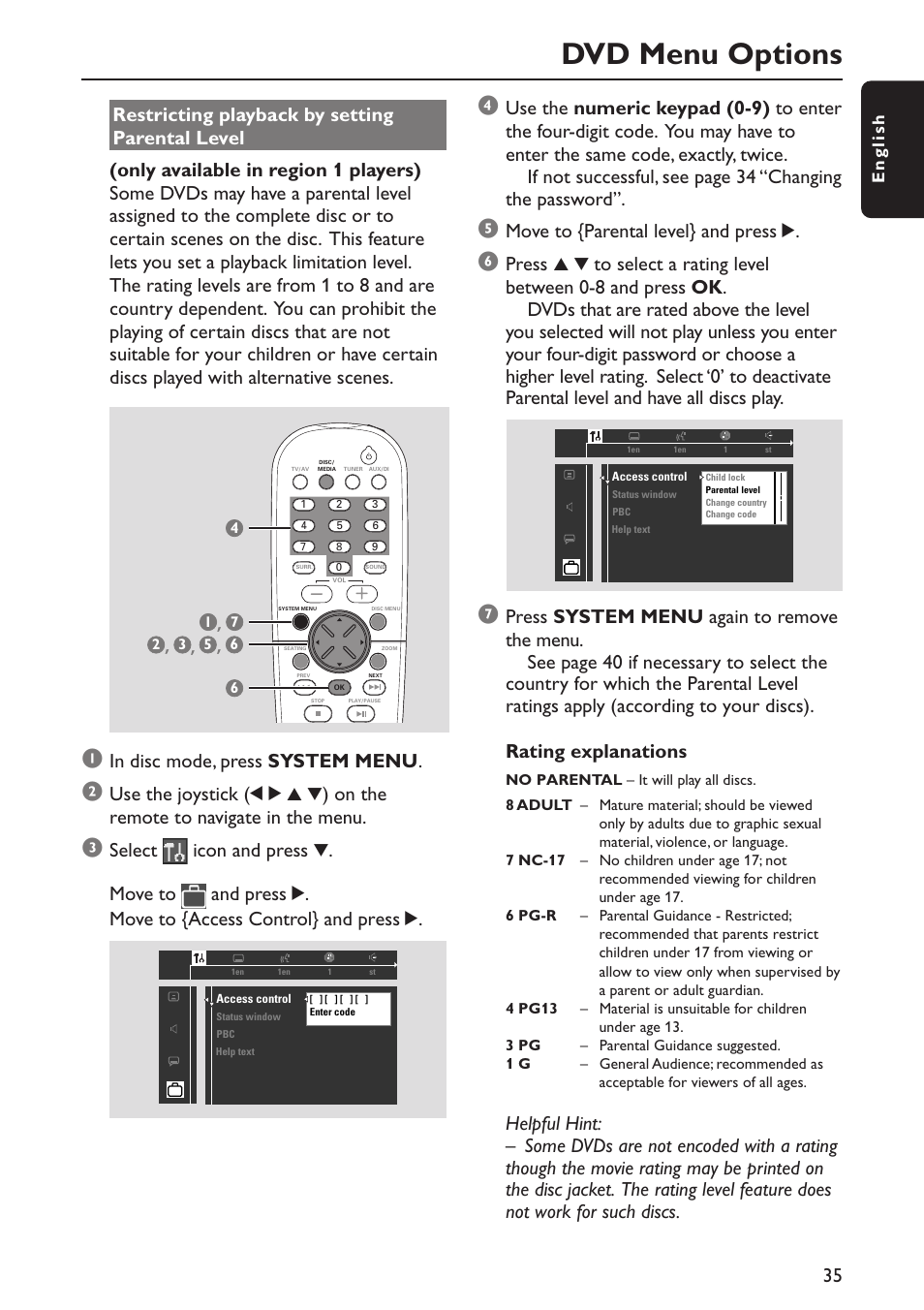 Dvd menu options, Move to {parental level} and press 2, English | Philips MX5800SA/22S User Manual | Page 35 / 47
