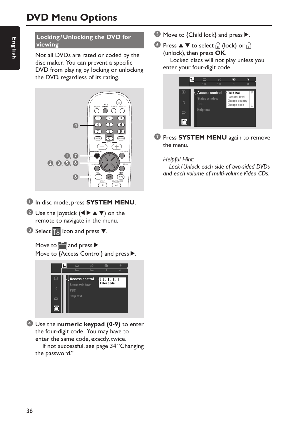 Dvd menu options, Move to {child lock} and press 2, English | Philips MX5800SA/22S User Manual | Page 36 / 47