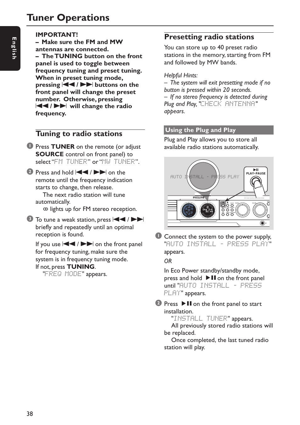 Tuner operations, Tuning to radio stations 1, Presetting radio stations | Philips MX5800SA/22S User Manual | Page 38 / 47