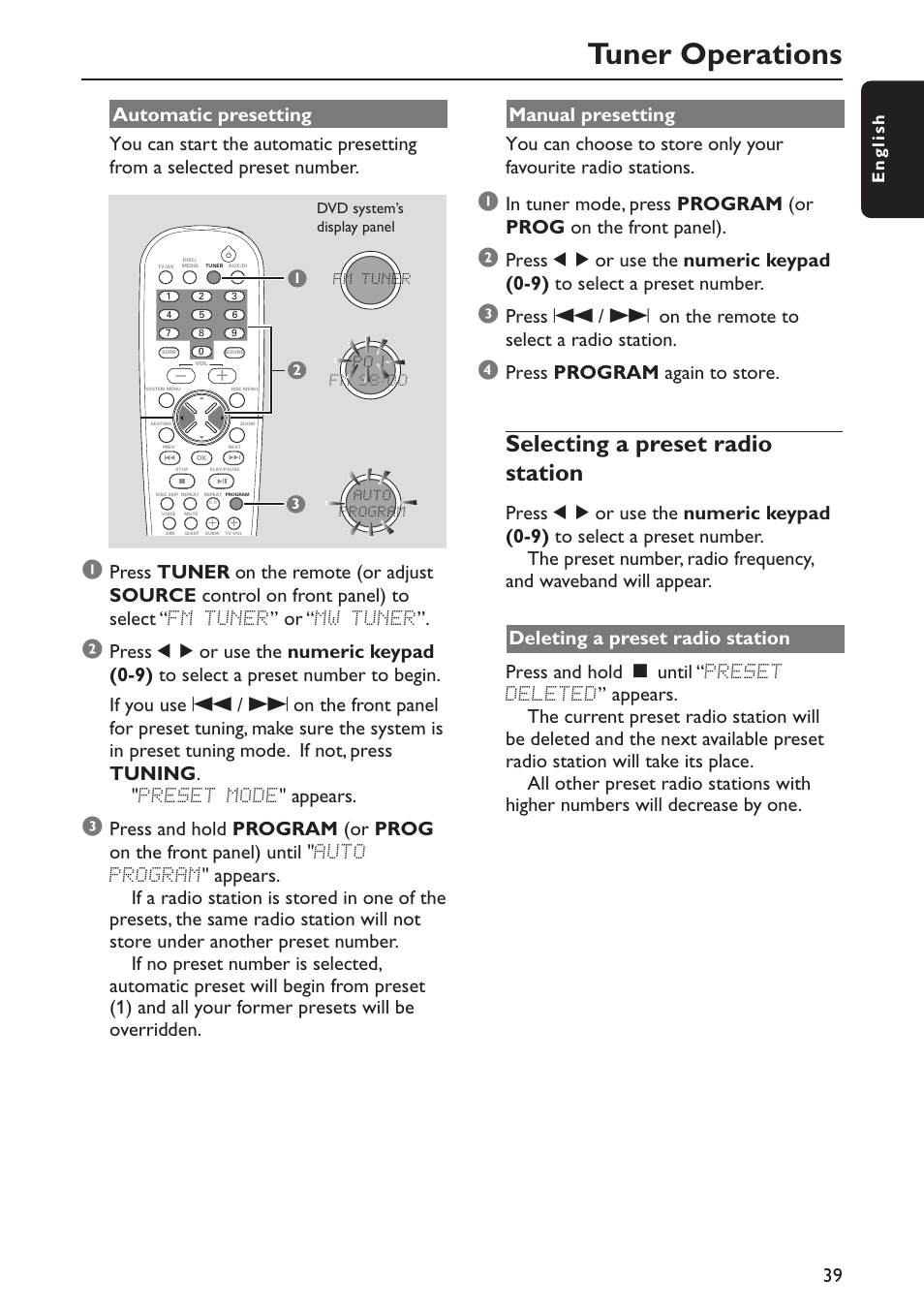 Tuner operations, Selecting a preset radio station, Press program again to store | Philips MX5800SA/22S User Manual | Page 39 / 47