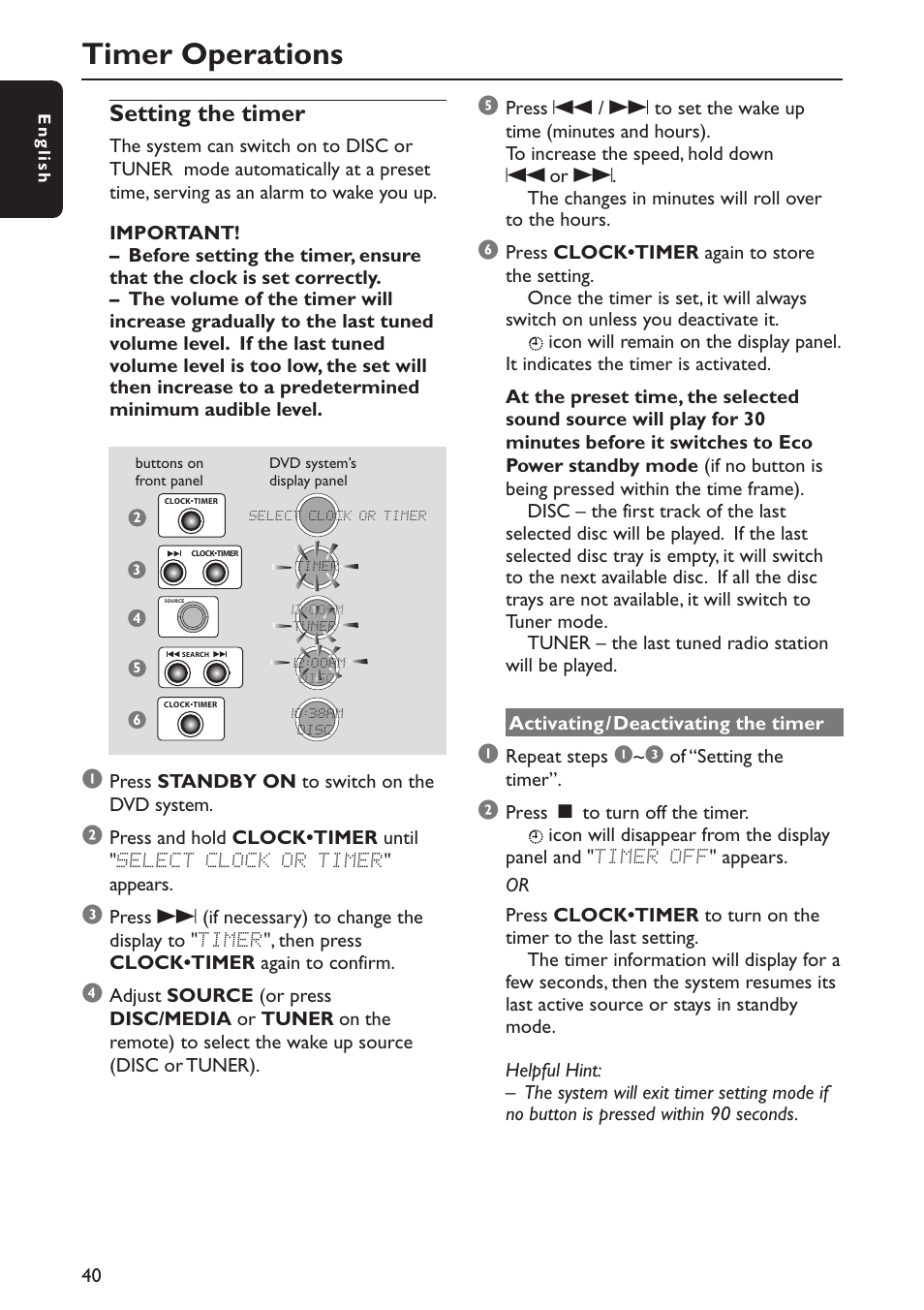 Timer operations, Setting the timer | Philips MX5800SA/22S User Manual | Page 40 / 47
