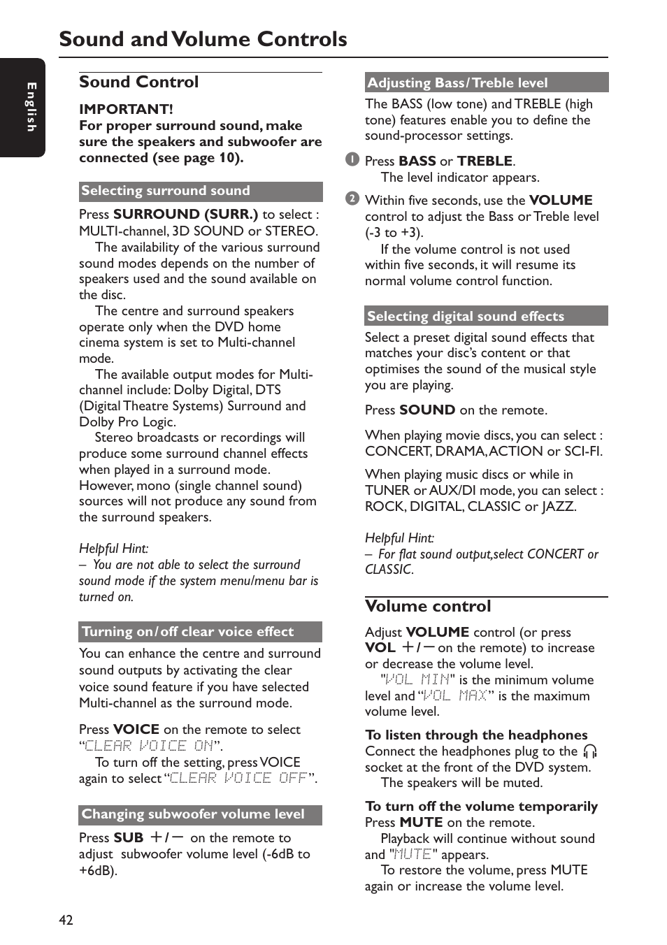Sound and volume controls, Sound control, Volume control | Philips MX5800SA/22S User Manual | Page 42 / 47