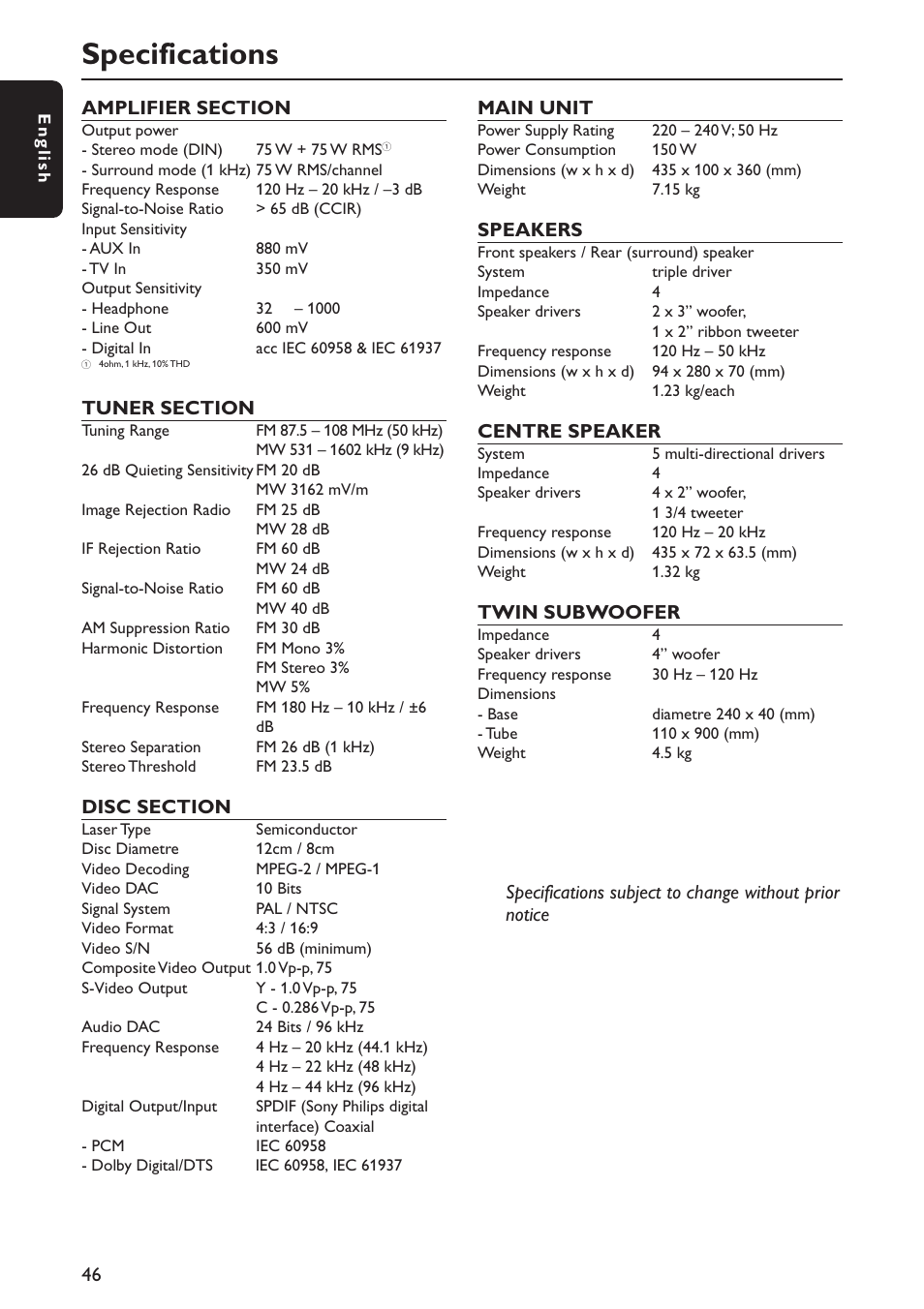 Specifications | Philips MX5800SA/22S User Manual | Page 46 / 47