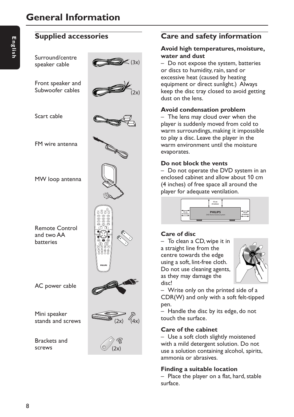 General information, Supplied accessories, Care and safety information | 3x) (2x), 2x) (4x) (2x), English | Philips MX5800SA/22S User Manual | Page 8 / 47