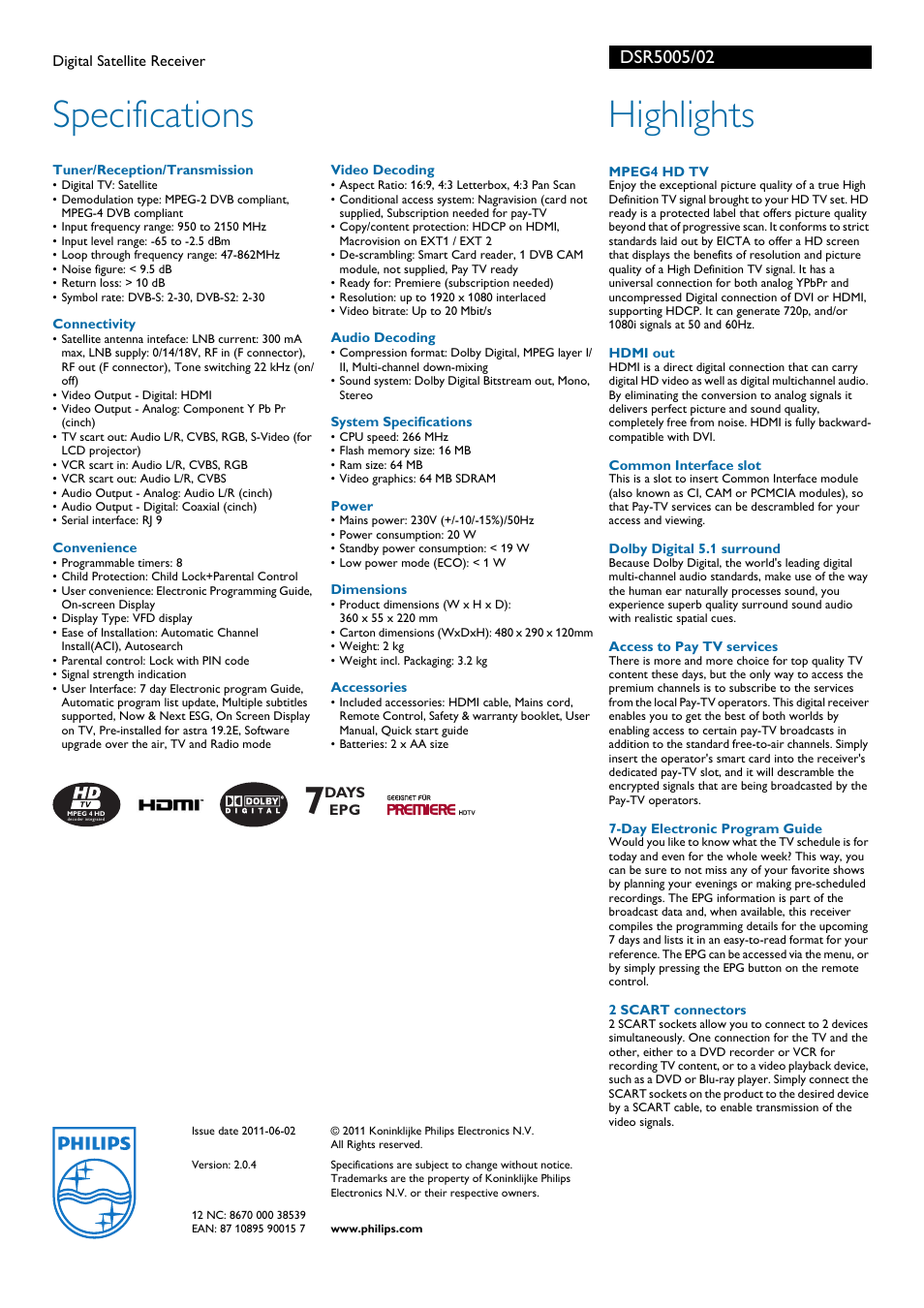 Specifications, Highlights | Philips DSR5005 User Manual | Page 2 / 2