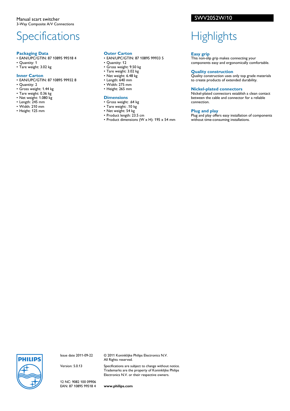 Specifications, Highlights | Philips SWV2052W/10 User Manual | Page 2 / 2