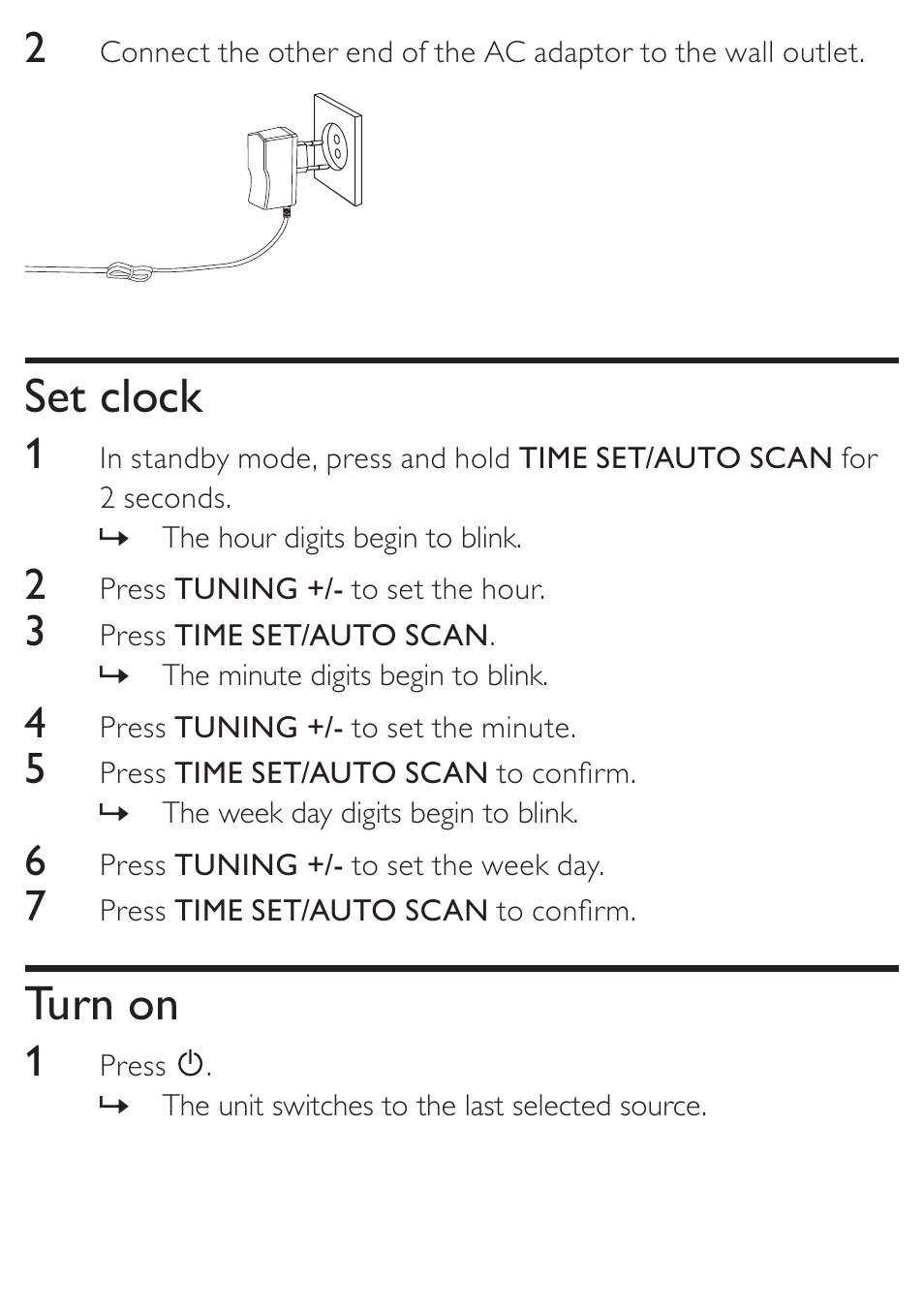 Set clock, Turn on | Philips DC190 User Manual | Page 10 / 23