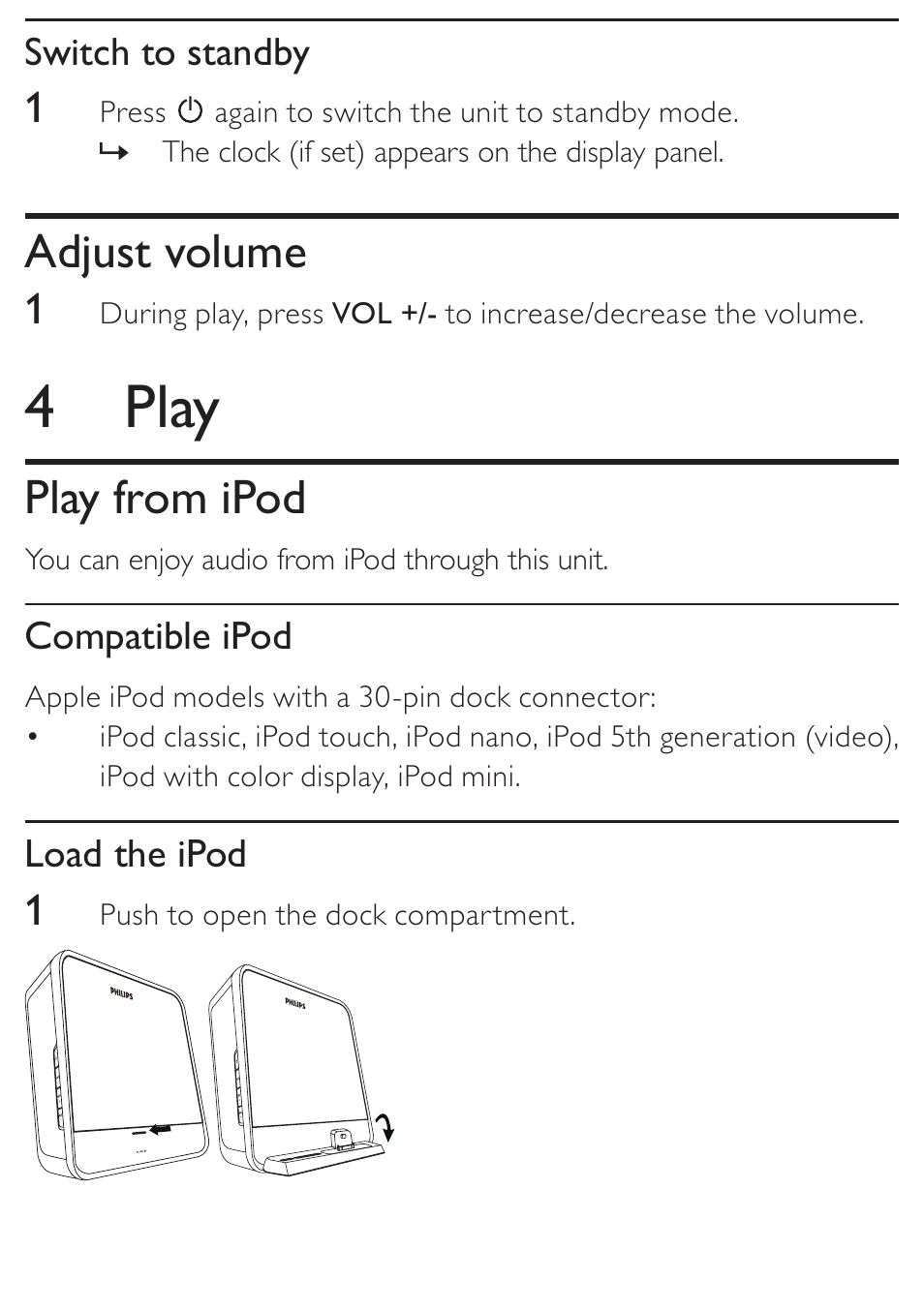 4 play, Adjust volume, Play from ipod | Philips DC190 User Manual | Page 11 / 23