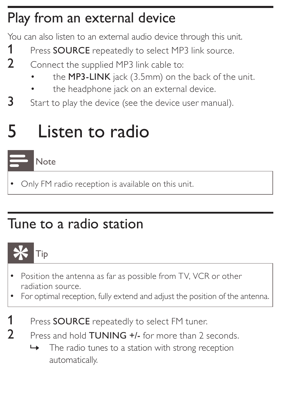 5 listen to radio, Play from an external device, Tune to a radio station | Philips DC190 User Manual | Page 13 / 23