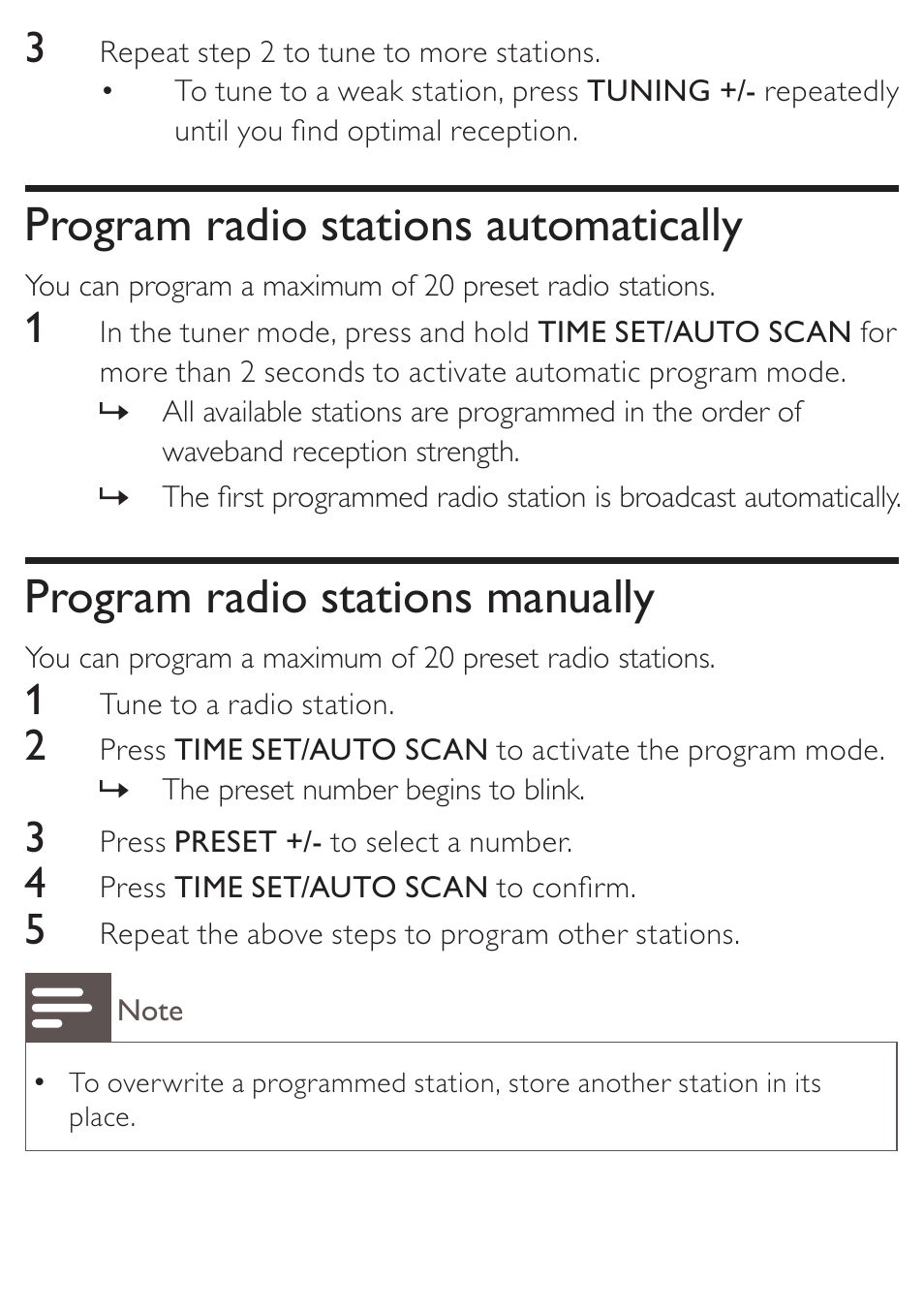 Program radio stations automatically, Program radio stations manually | Philips DC190 User Manual | Page 14 / 23