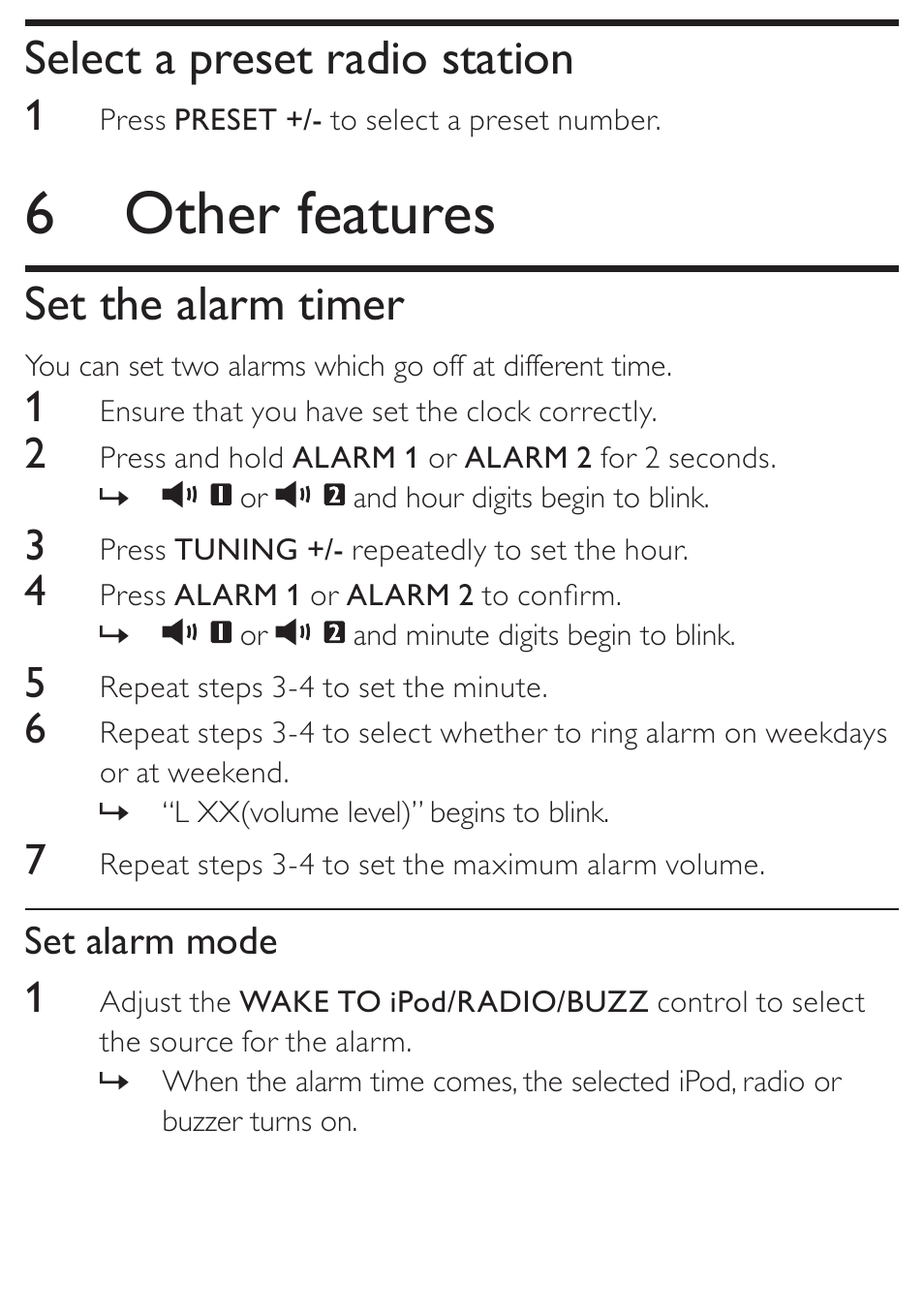 6 other features, Select a preset radio station, Set the alarm timer | Philips DC190 User Manual | Page 15 / 23