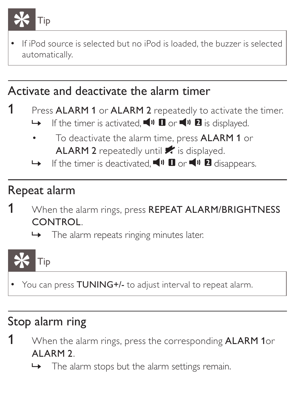 Activate and deactivate the alarm timer, Repeat alarm, Stop alarm ring | Philips DC190 User Manual | Page 16 / 23