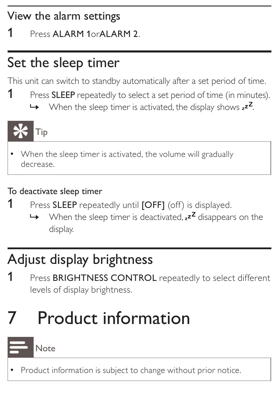 7 product information, Set the sleep timer, Adjust display brightness | View the alarm settings | Philips DC190 User Manual | Page 17 / 23