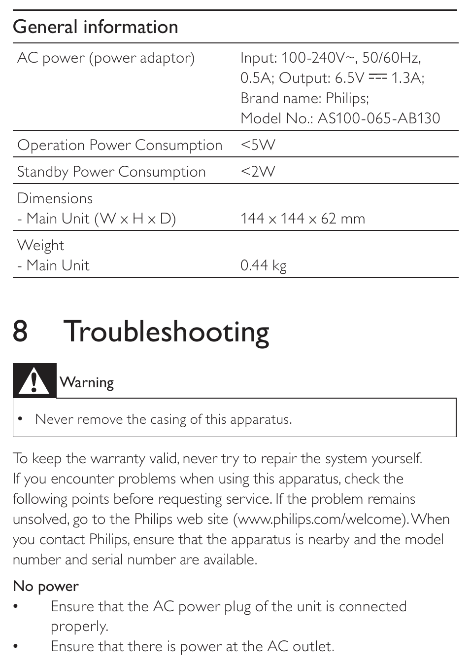 8 troubleshooting, General information | Philips DC190 User Manual | Page 19 / 23