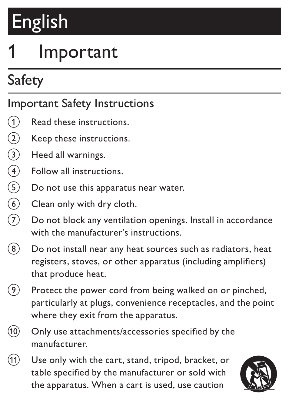 English, 1 important, Safety | Important safety instructions | Philips DC190 User Manual | Page 2 / 23