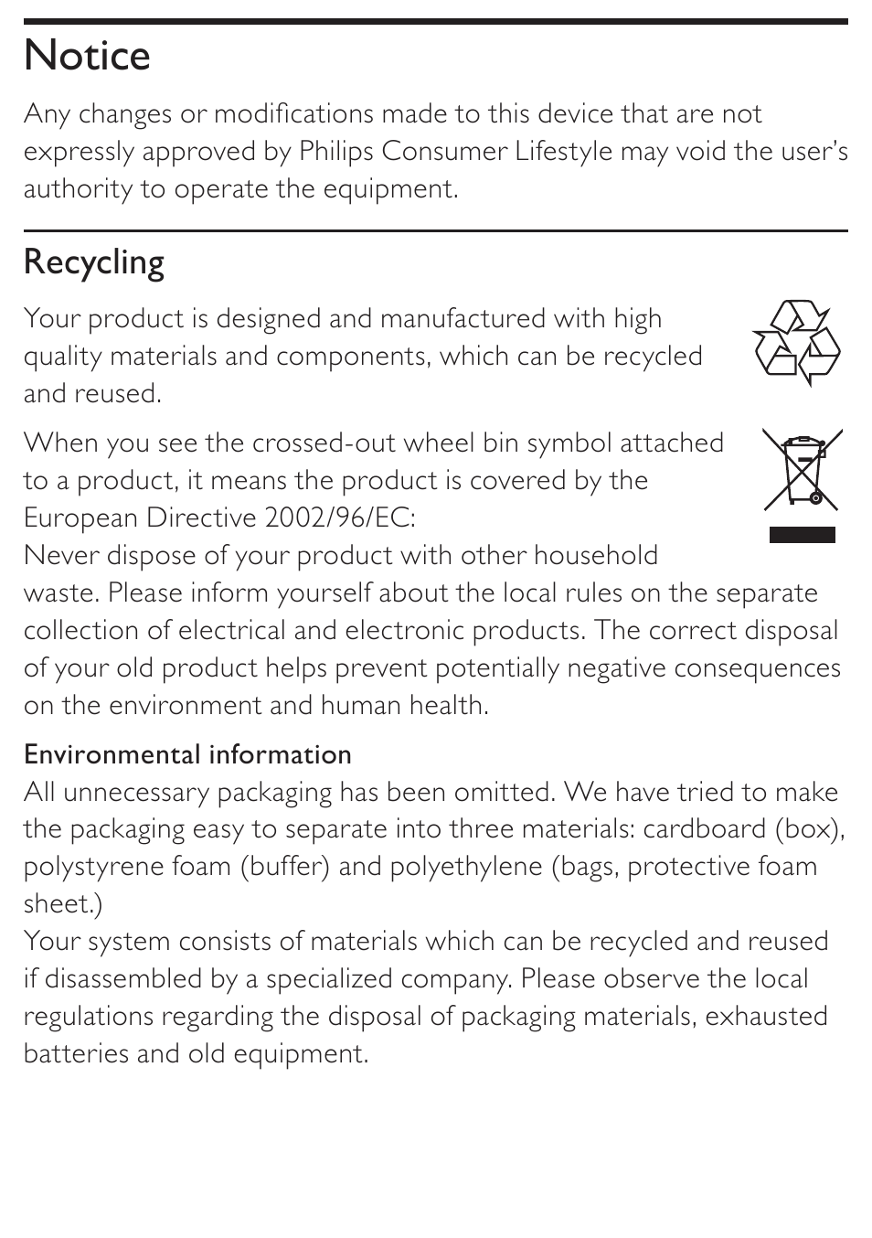 Notice, Recycling | Philips DC190 User Manual | Page 4 / 23