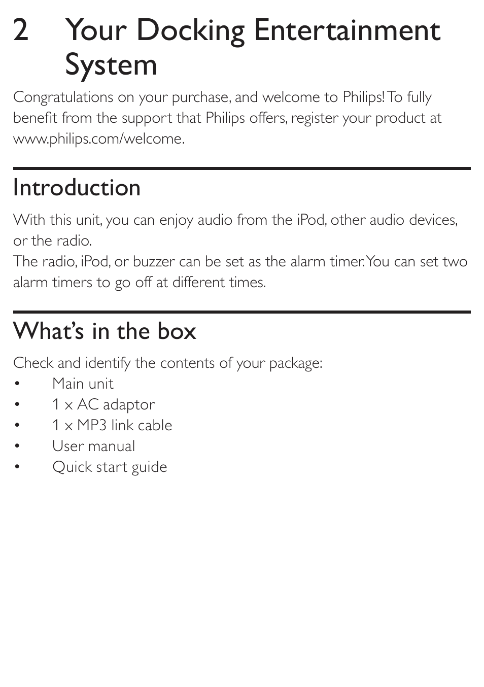 2 your docking entertainment system, Introduction, What’s in the box | Philips DC190 User Manual | Page 5 / 23