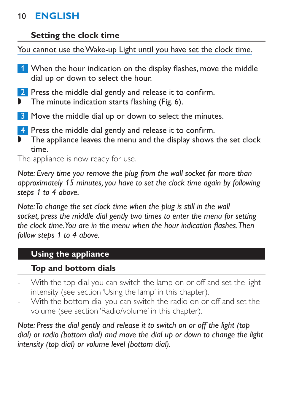 Setting the clock time, Using the appliance, Top and bottom dials | Philips HF3480 User Manual | Page 10 / 36