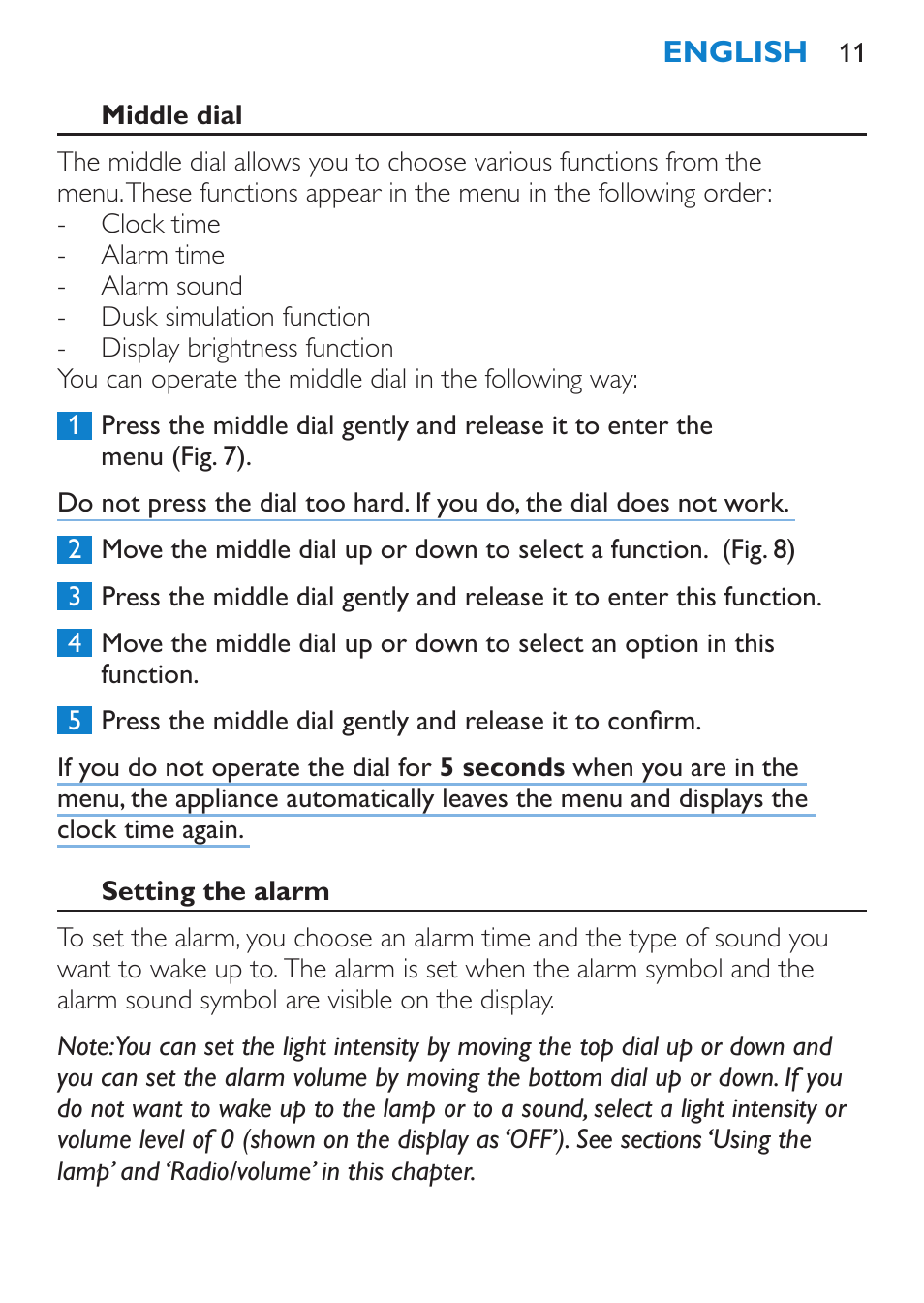 Middle dial, Setting the alarm | Philips HF3480 User Manual | Page 11 / 36