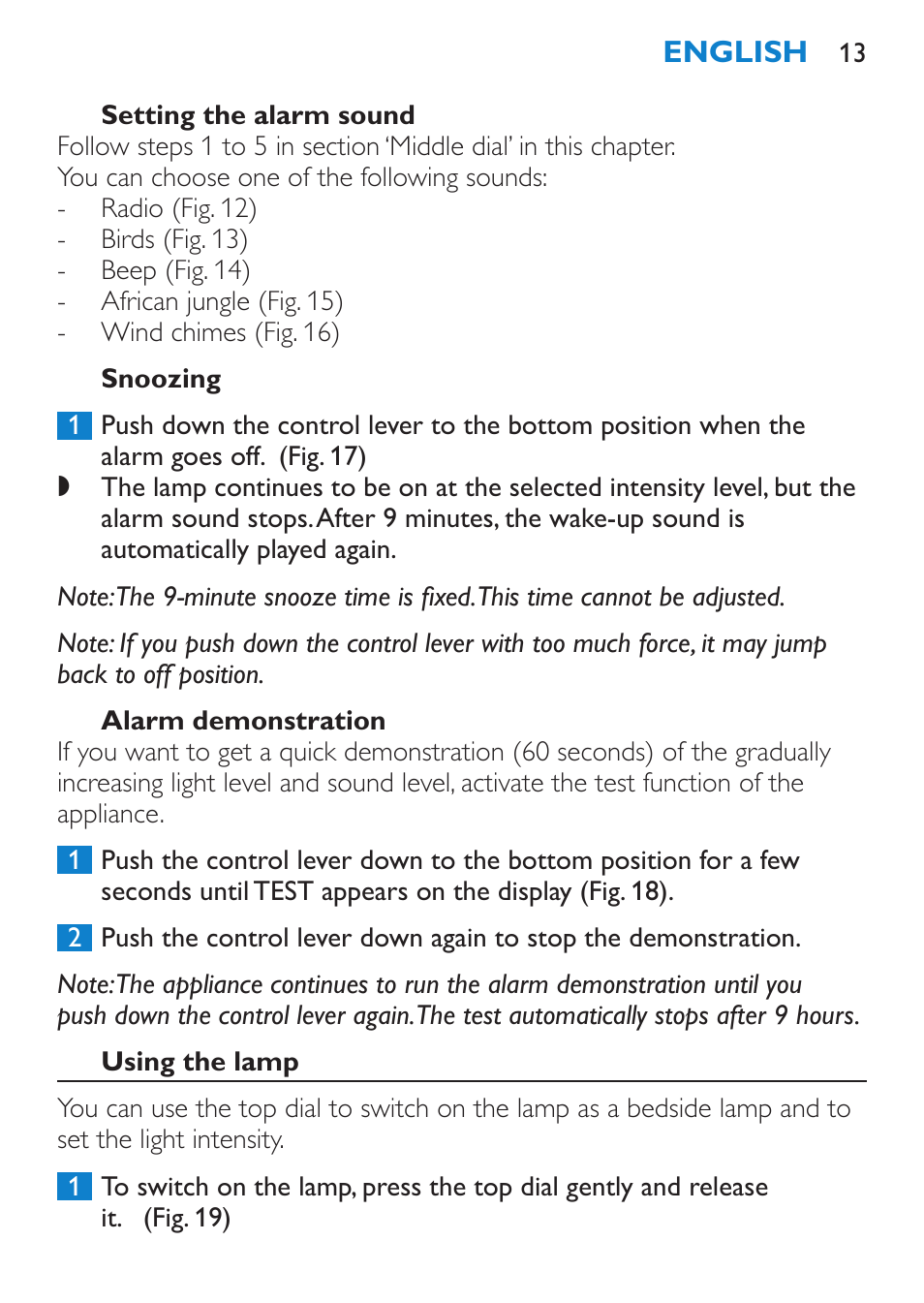 Setting the alarm sound, Snoozing, Alarm demonstration | Using the lamp | Philips HF3480 User Manual | Page 13 / 36