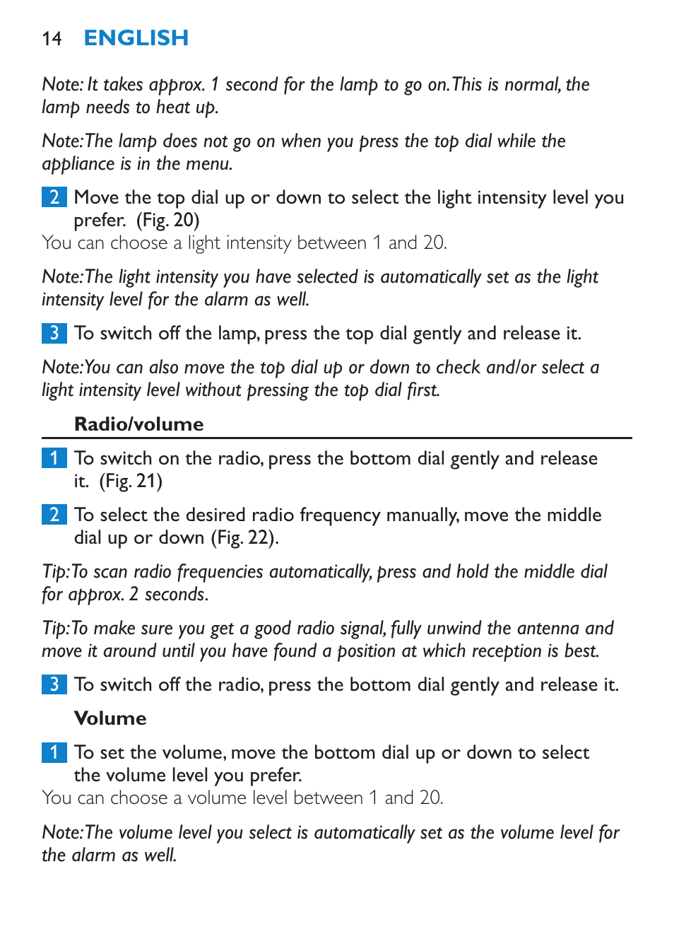 Radio/volume, Volume | Philips HF3480 User Manual | Page 14 / 36