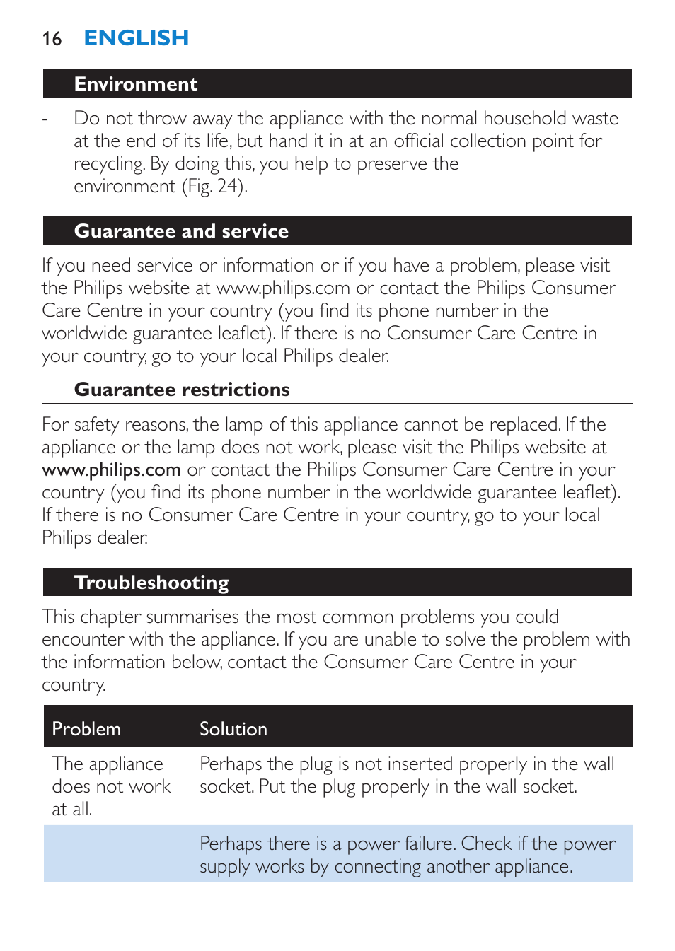 Environment, Guarantee and service, Guarantee restrictions | Troubleshooting | Philips HF3480 User Manual | Page 16 / 36