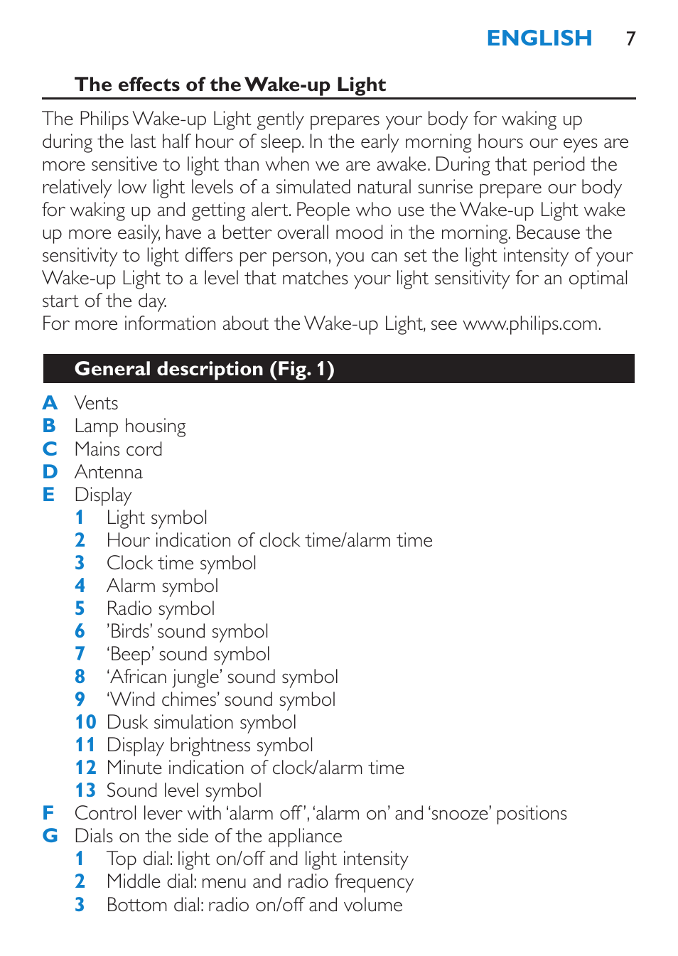 The effects of the wake-up light, General description (fig. 1) | Philips HF3480 User Manual | Page 7 / 36