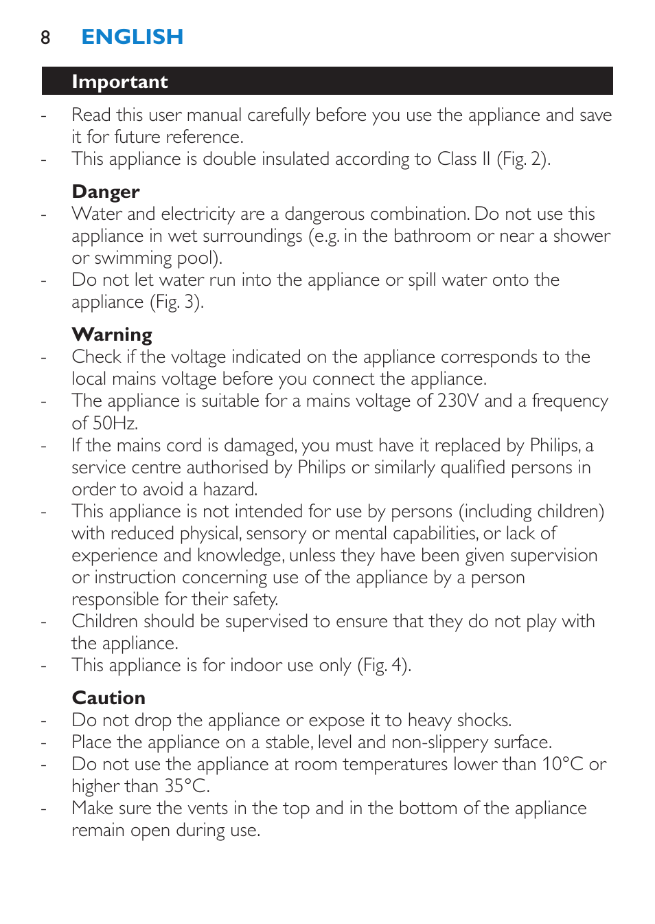 Danger, Warning, Caution | Important | Philips HF3480 User Manual | Page 8 / 36