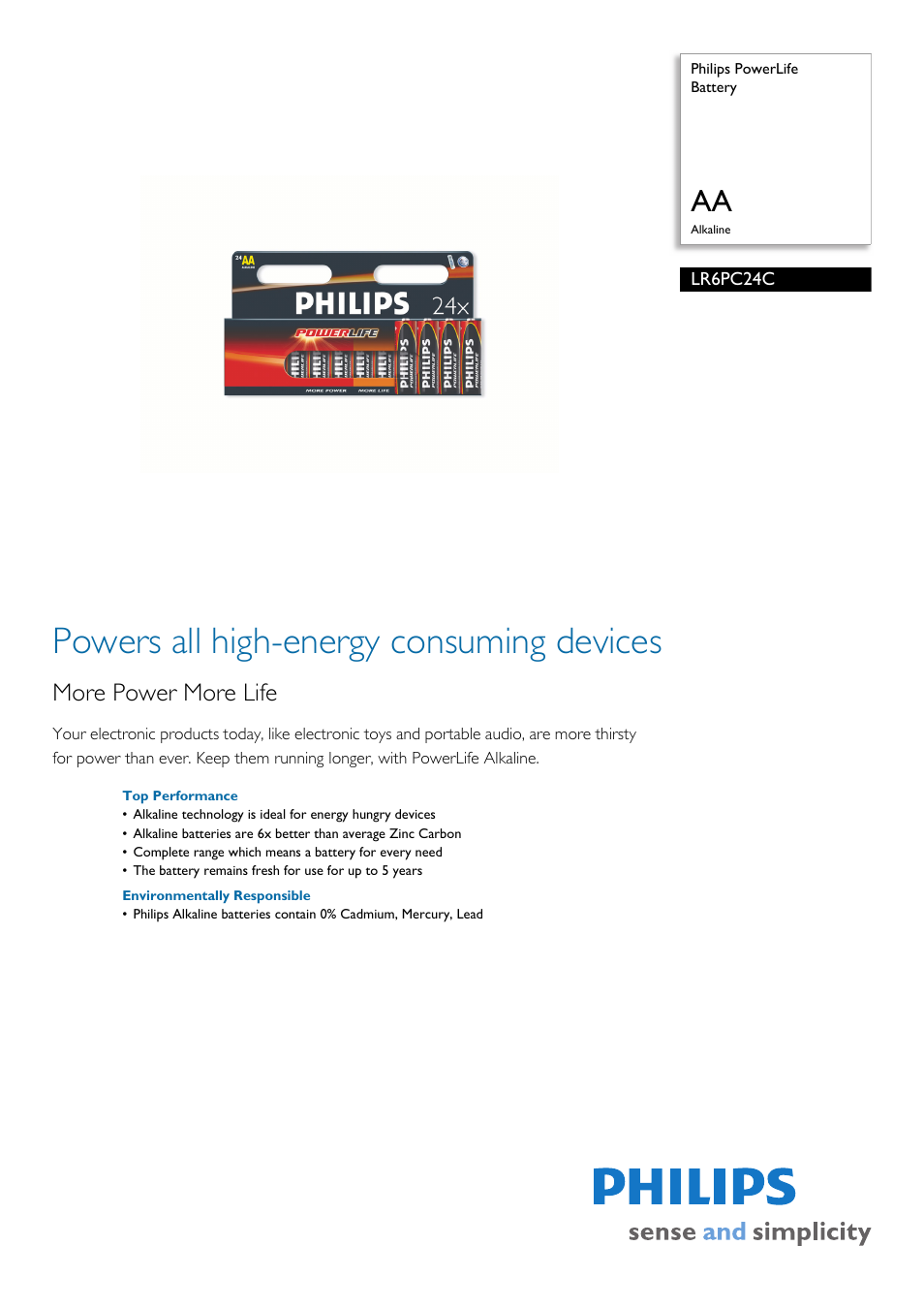 Philips Power Life LR6PC24C User Manual | 2 pages