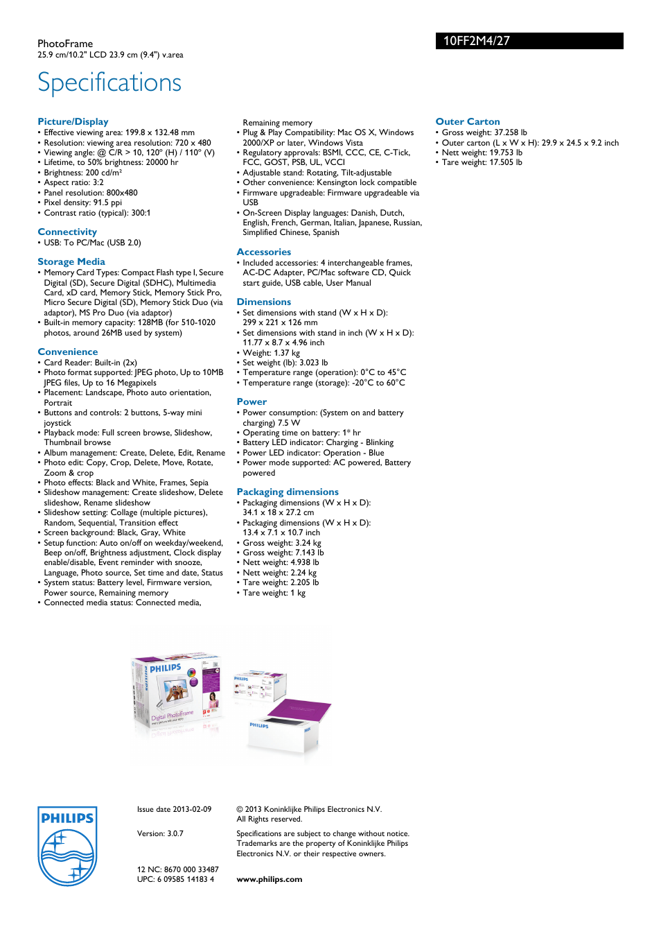 Specifications | Philips 10FF2M4 User Manual | Page 3 / 3