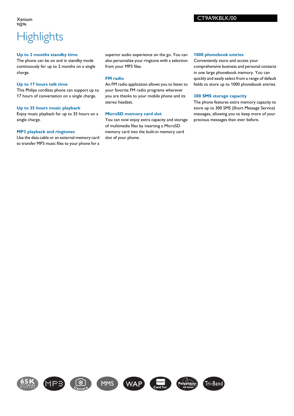 Highlights, Ct9a9kblk/00 | Philips Xenium CT9A9KBLK User Manual | Page 2 / 3