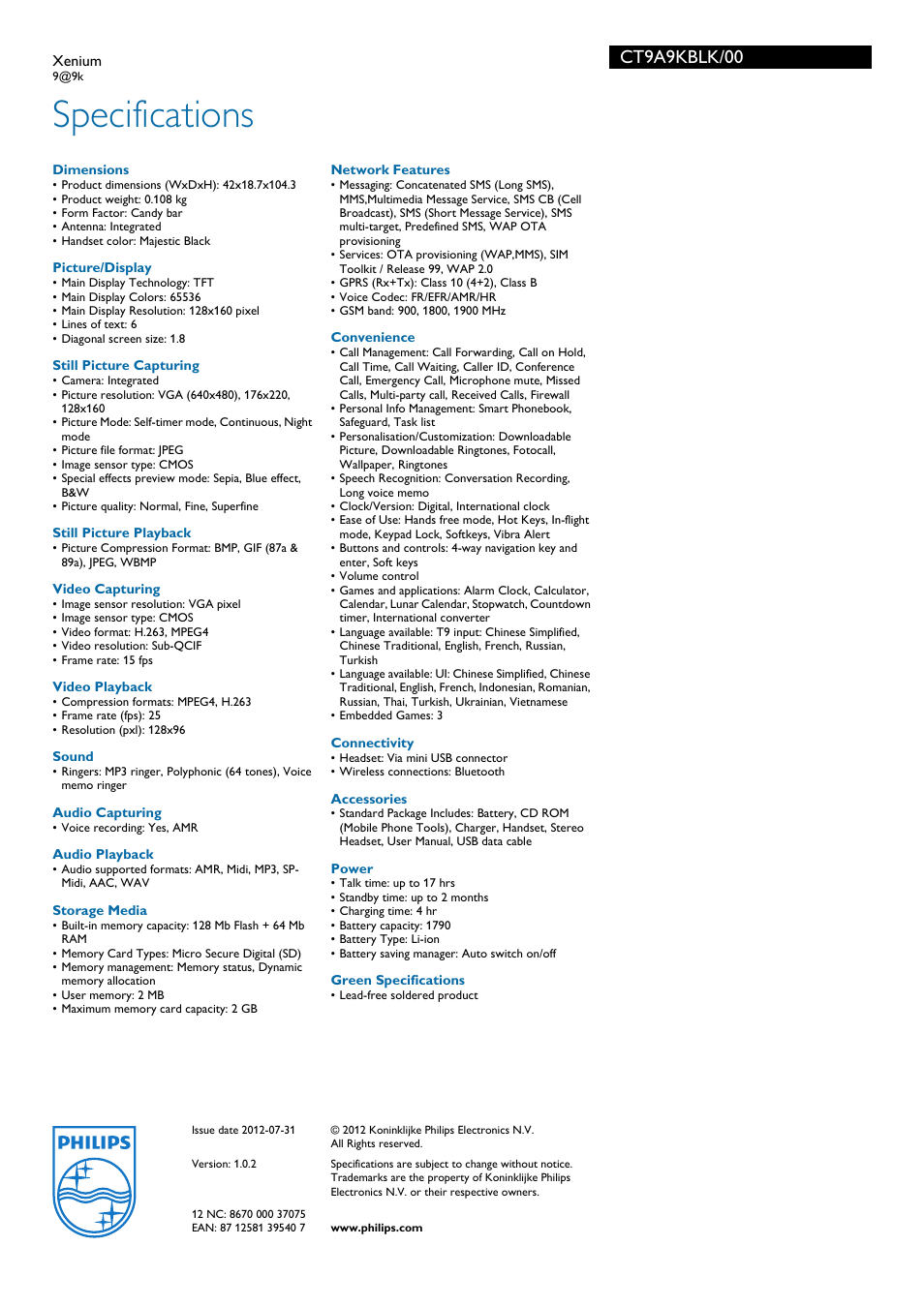 Specifications, Ct9a9kblk/00 | Philips Xenium CT9A9KBLK User Manual | Page 3 / 3