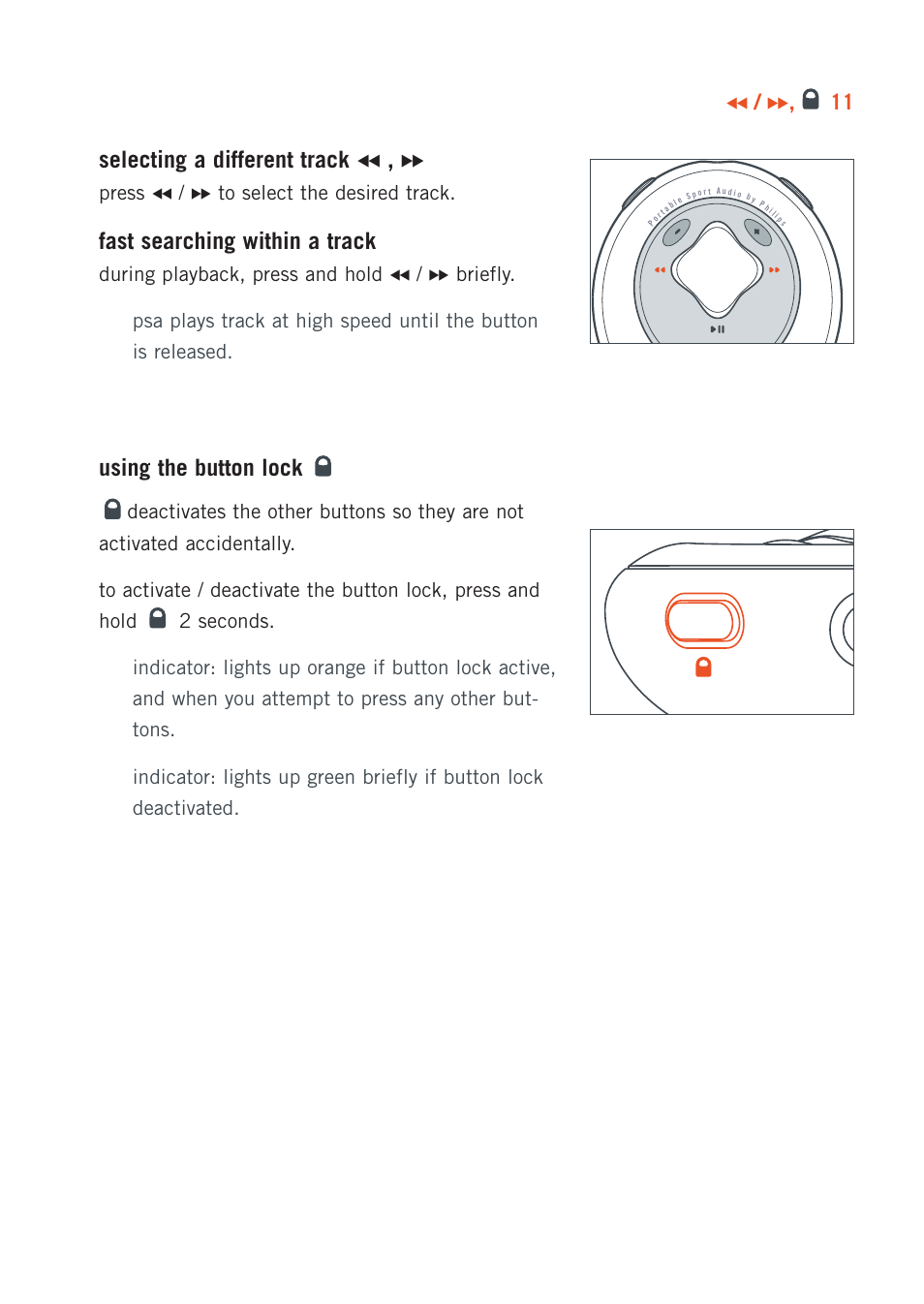 Selecting a different track 5 , 6, Fast searching within a track, Using the button lock | Philips ACT20017 User Manual | Page 11 / 35