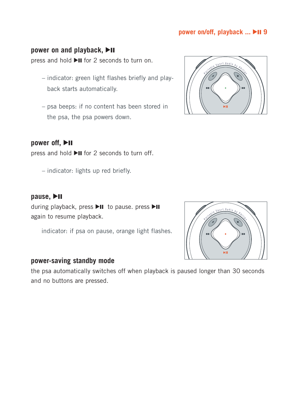 Power on and playback, 2, Power off, 2, Pause, 2 | Power-saving standby mode, Power on/off, playback ; 9 | Philips ACT20017 User Manual | Page 9 / 35