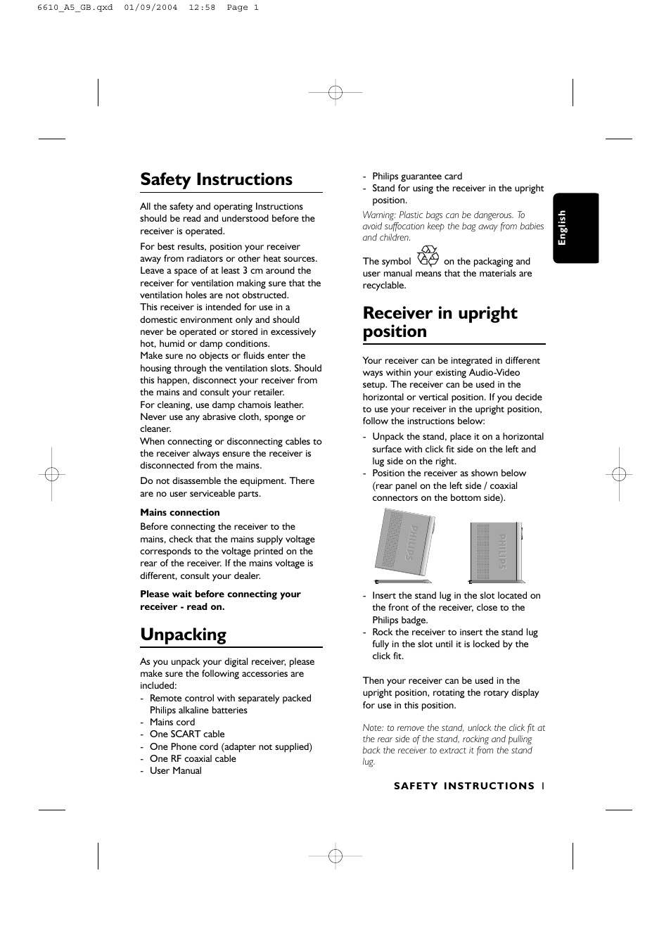 Safety instructions, Unpacking, Receiver in upright position | Philips DTR6610 User Manual | Page 3 / 45