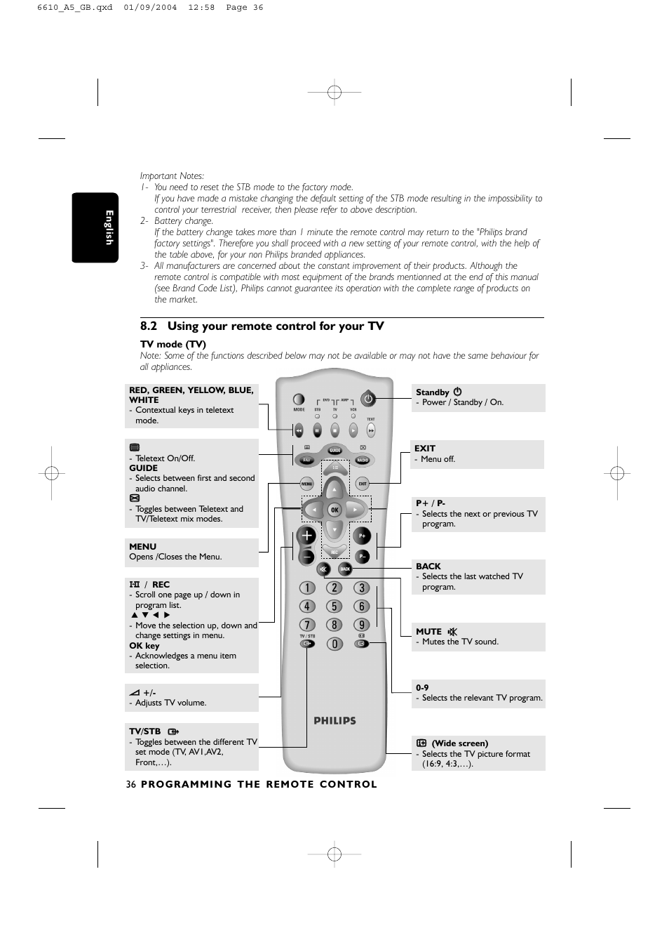 2 using your remote control for your tv | Philips DTR6610 User Manual | Page 38 / 45