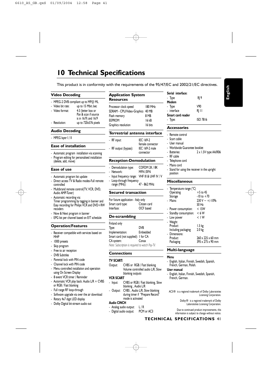 10 technical specifications | Philips DTR6610 User Manual | Page 43 / 45